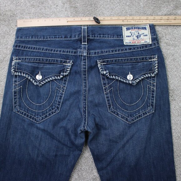 True Religion Boot cut Jeans Mens 38 Blue Bootcut Thick Stitch Denim 28" inseam - Picture 7 of 15